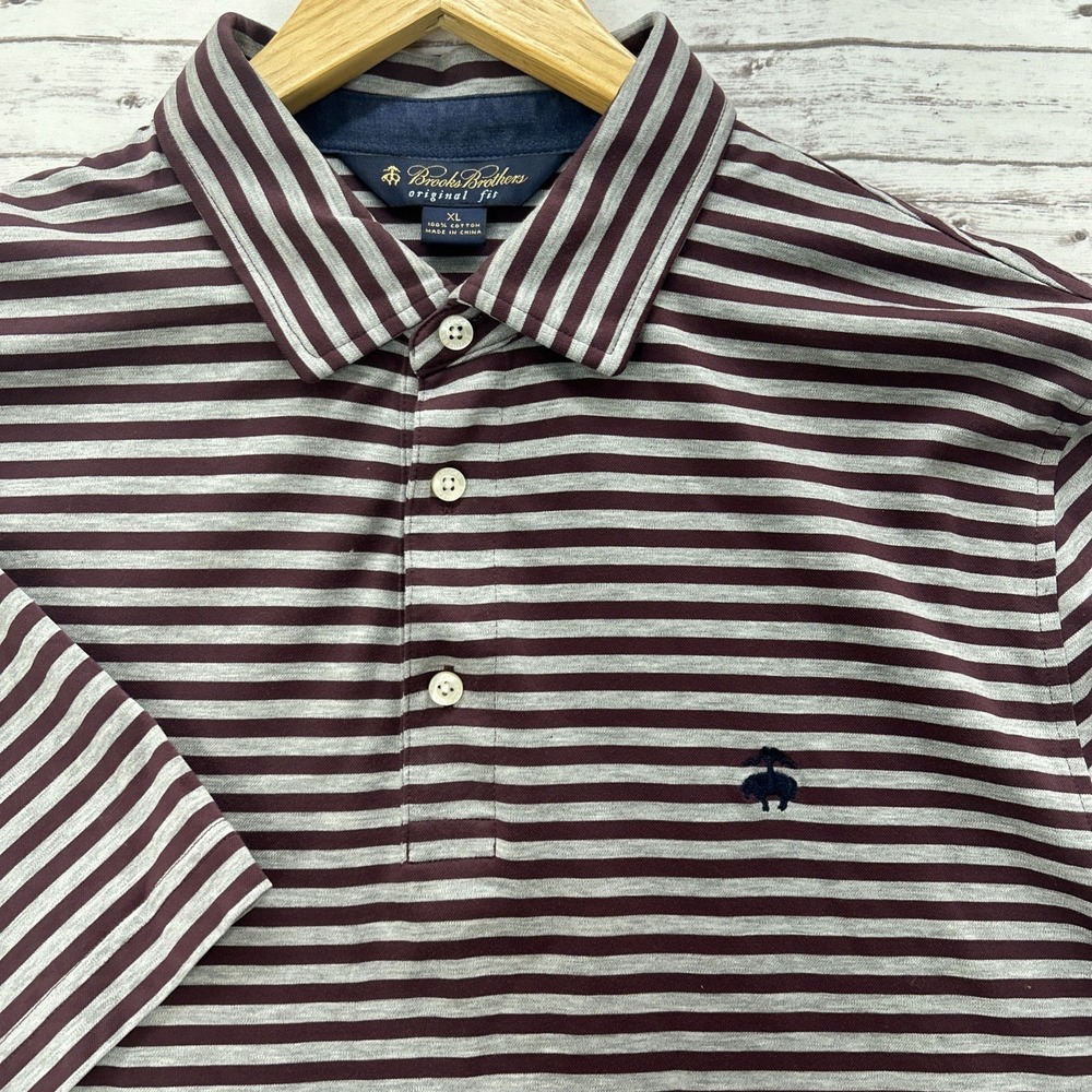 Brooks Brothers Polo Shirt Men's XL Original Fit Gray Striped Cotton Stretch